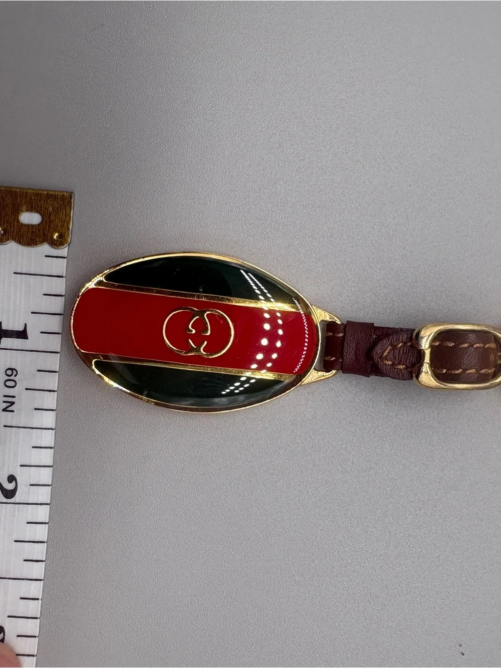 Vintage Gucci GG Enamel Key Ring Red Green Leather Gold Tone with COA